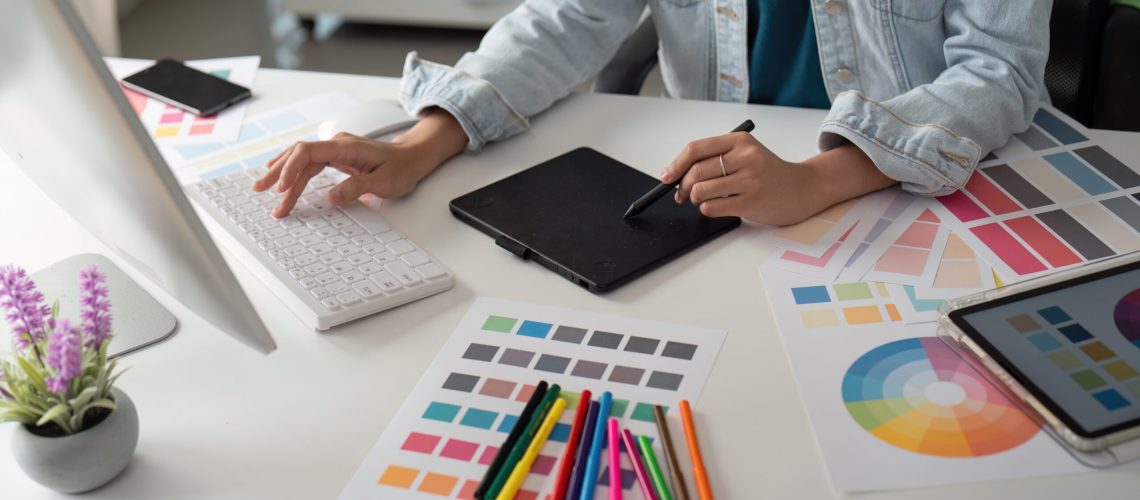 Asian woman graphic designer working in home office. Artist creative designer illustrator graphic skill concept.