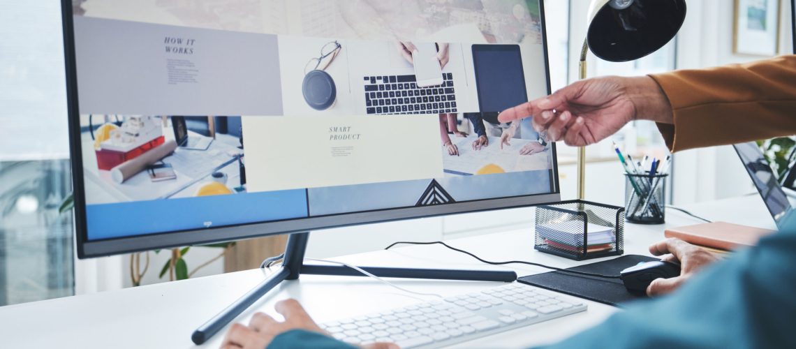 Hands, teamwork and computer for training, coaching or pointing to website design feedback online. .